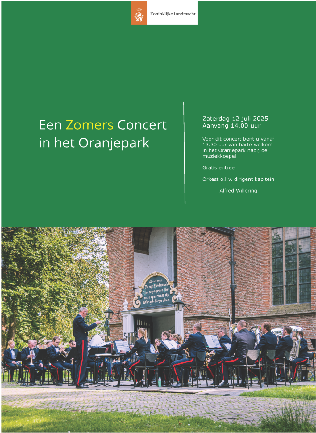 Koninklijke klanken in het Oranjepark: gratis zomerconcert met Fanfare Korps Nationale Reserve