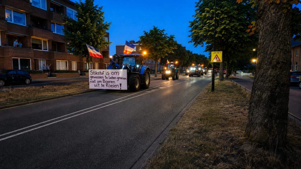Een grote colonne tractoren is woensdagavond aan het einde van de avond door Apeldoorn gereden. De boeren trokken met vele trekkers vanaf de snelweg A1 richting de Kayersdijk op richting zuid waarbij op verschillende kruisingen het verkeer tijdelijk werd stilgelegd om de stoet veilig doorgang te geven. De actie stond onder begeleiding van de politie.Veel tractoren reden met omgekeerde Nederlandse vlaggen en lieten luid hun claxons horen. Grote politie-inzet afgelopen maandag Maandagmiddag was in Apeldoorn een opvallend grote politiemacht aanwezig. Naast meerdere politievoertuigen waren ook de mobiele eenheid en een politieshovel zichtbaar. De politie liet weten voorbereid te zijn op aangekondigde boerenprotesten en wilde snel kunnen ingrijpen als blokkades of andere verstoringen zouden ontstaan. Demonstratie bleef uit, stoet verscheen onverwacht Voor zover bekend vond de eerder aangekondigde demonstratie uiteindelijk niet plaats. In plaats daarvan verscheen vandaag onverwacht een lange stoet tractoren in Apeldoorn. Op verschillende kruisingen hielden de boeren het overige verkeer tijdelijk tegen, zodat de colonne ongehinderd kon passeren. De tocht verliep voor zover bekend zonder grote incidenten of aanhoudingen. Vervolg op eerdere protesten De actie volgt op de protesten van 27 juli, toen boeren met tractoren op verschillende viaducten boven de A50 bij Apeldoorn stonden. Die actie maakte deel uit van een landelijke protestcampagne tegen het stikstofbeleid en de plannen rondom Natura 2000-gebieden. De rit door Apeldoorn lijkt een vervolg op die eerdere acties, al was deze voor zover bekend niet vooraf aangekondigd.