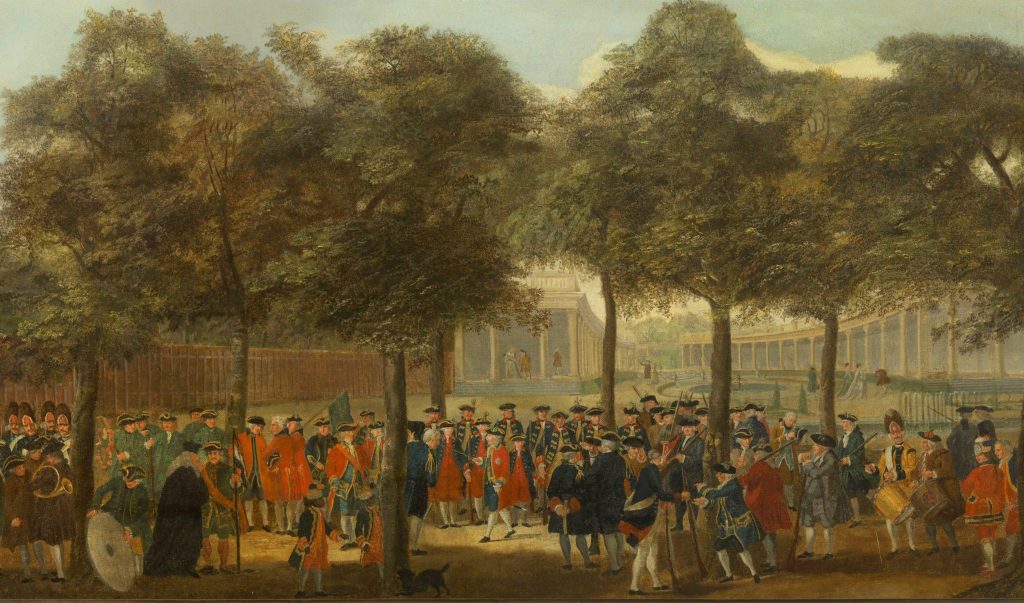 De schutterij op Het Loo, ca. 1770, schilderij door hofschilder Tethart Philipp Christian Haag