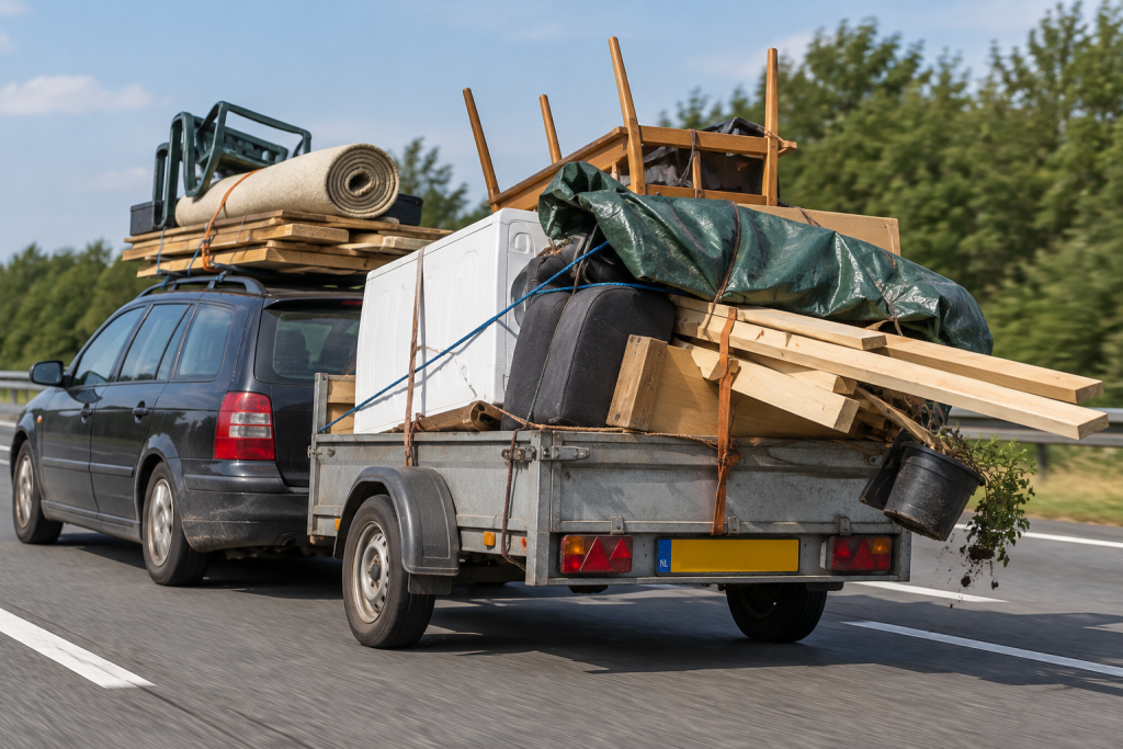 Overladen auto met chaotische aanhangwagen