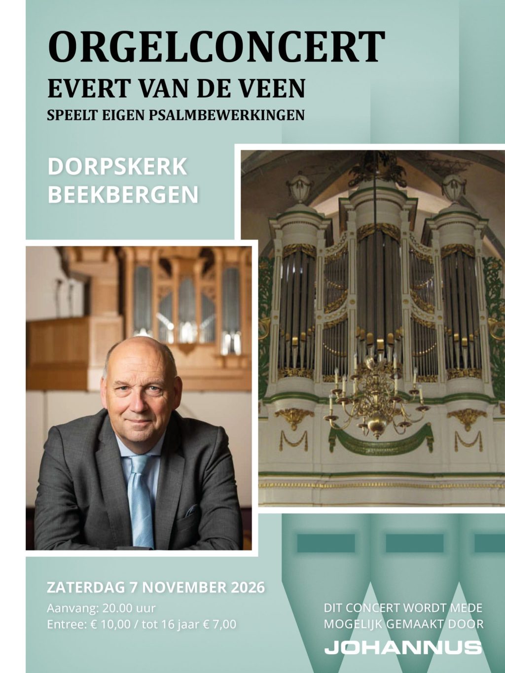Poster orgelconcert Evert van de Veen 7 november in Dorpskerk Beekbergen