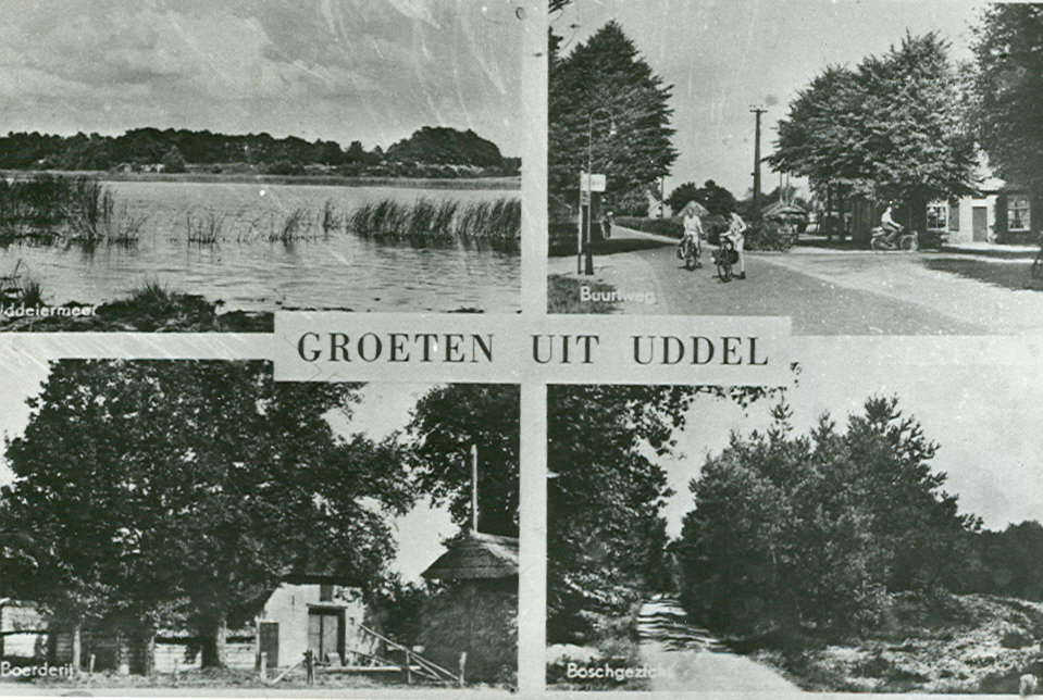 Historische zwart-wit foto’s van Uddel met landschap en straatbeeld
